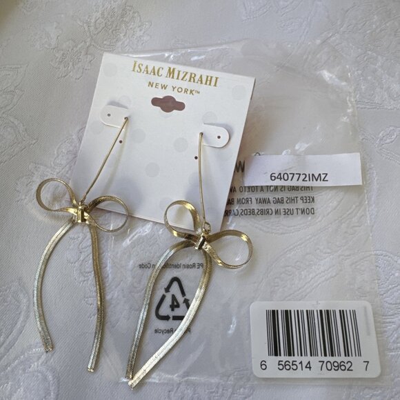 Isaac Mizrahi Goldtone Herringbone Ribbon Bow Dangle Drop Earrings 4" NEW - Picture 1 of 8
